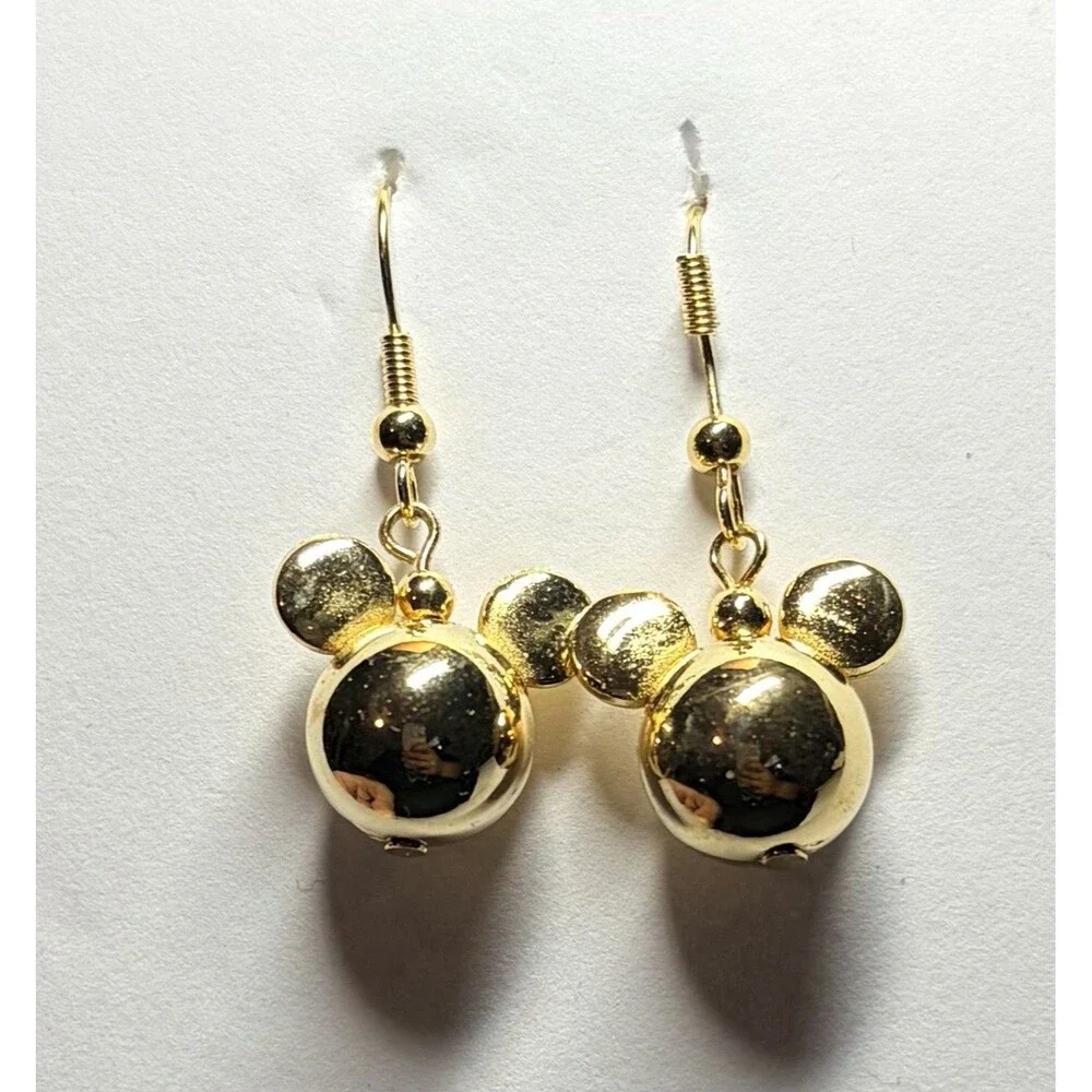 Vintage Disney Mickey Mouse Head Gold Tone Puffed Drop Stud Earrings EUC